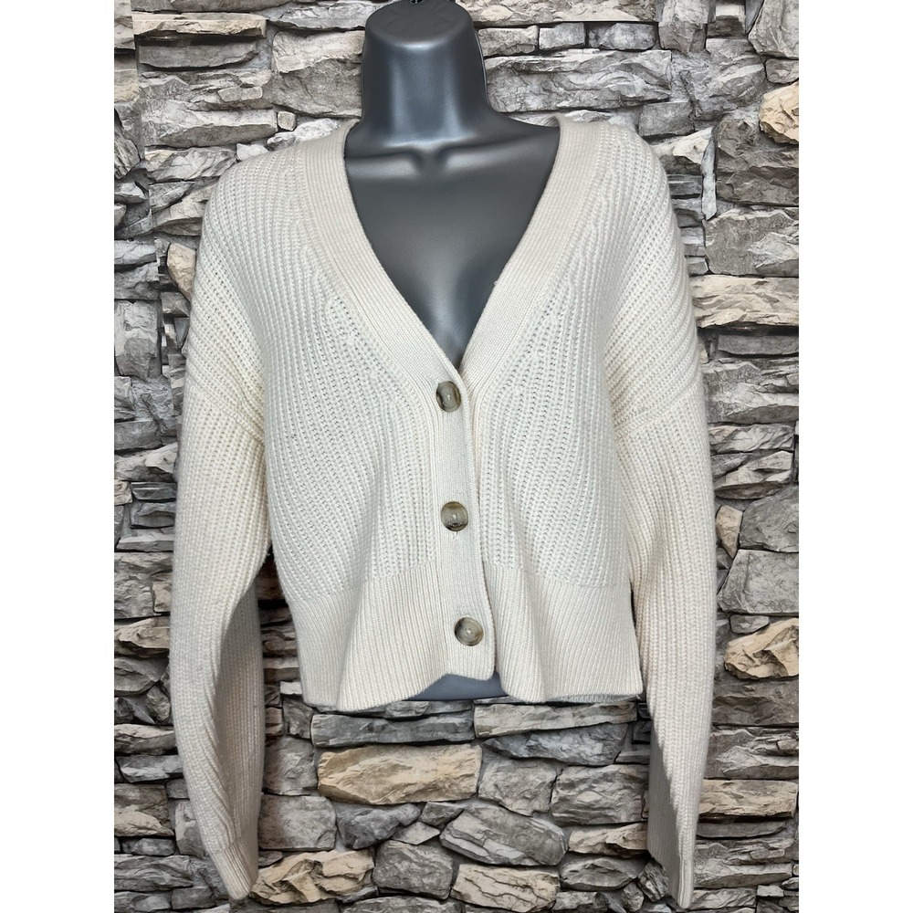 BABATON Canberra Merino Wool Ribbed Knit V Neck Cardigan in Heather Birch M $138